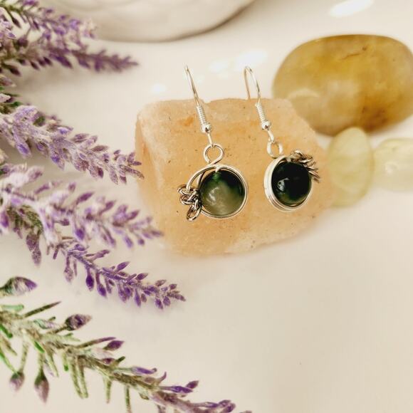 Green Natural Jade Stone Earrings, Silver Plated Wire Wrapped Earrings - Picture 7 of 12